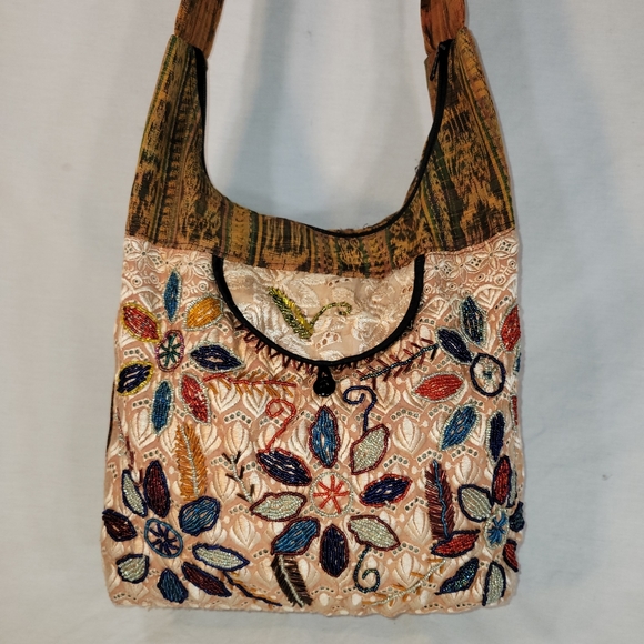 Vintage Boho Patchwork Beaded Slouch Bag Hobo Purse India Batik Pattern 16 x 12 - Picture 5 of 8